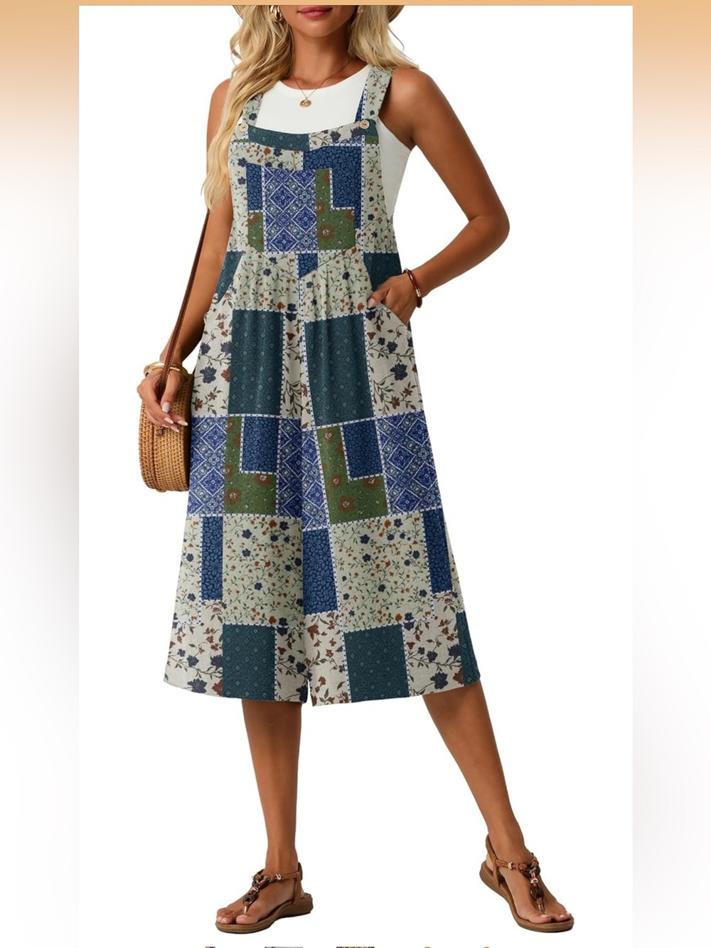 Lepunuo/Amazon Patchwork Floral Short Overalls in Blue & Cream Size Medium NWT